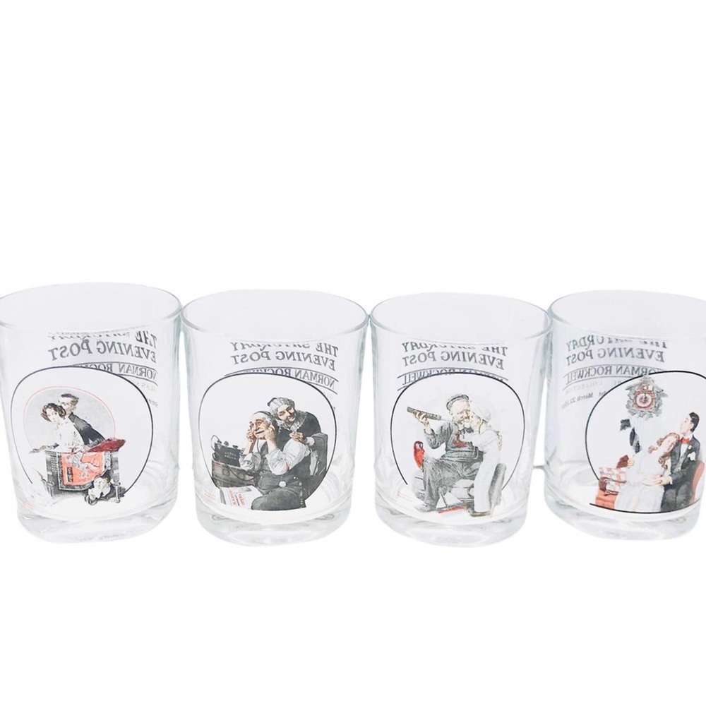 VTG NORMAN ROCKWELL Set of 4 Saturday Evening Post Art Glassware Collection
